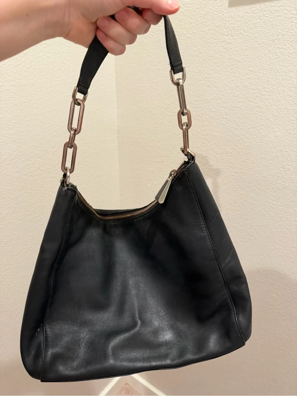 Michael Kors Black Leather Hobo with Gold-Tone Chain Accent